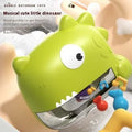 Baby bath toy bubble music machine in vinyl with dinosaur design mounted on tile wall producing bubbles