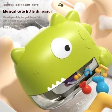 Baby bath toy bubble music machine in vinyl with dinosaur design mounted on tile wall producing bubbles