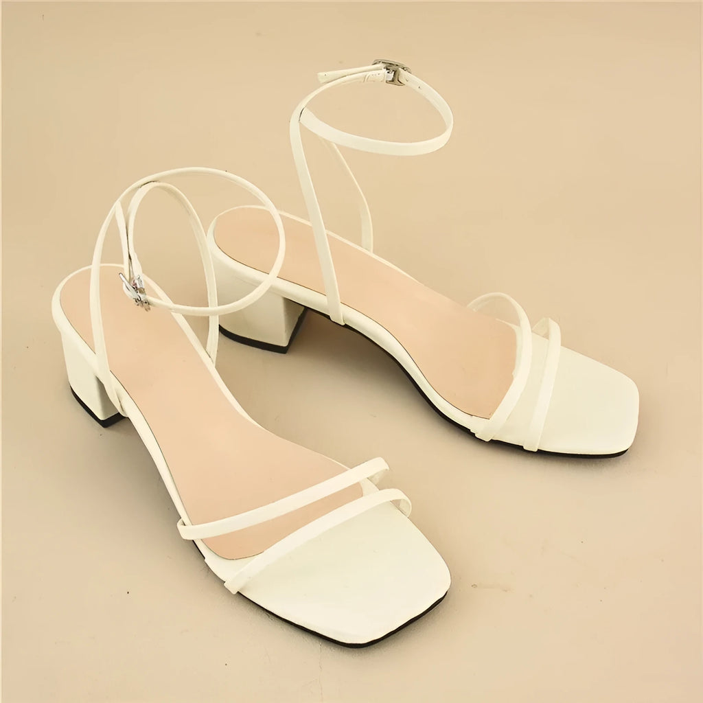 Beige women's square toe sandals with chunky stiletto heel and ankle buckle strap