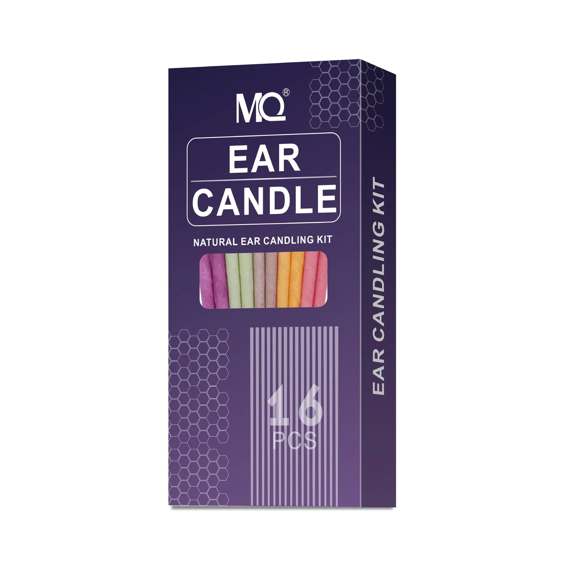 MQ Horn Colour ear candling kit showing 16 cotton cloth candles, protective boards, and cotton swabs