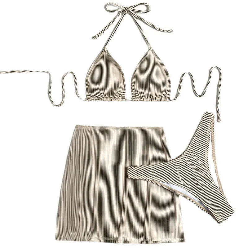 Three-piece bikini swimsuit set in small rib polyester fabric for swimming activities