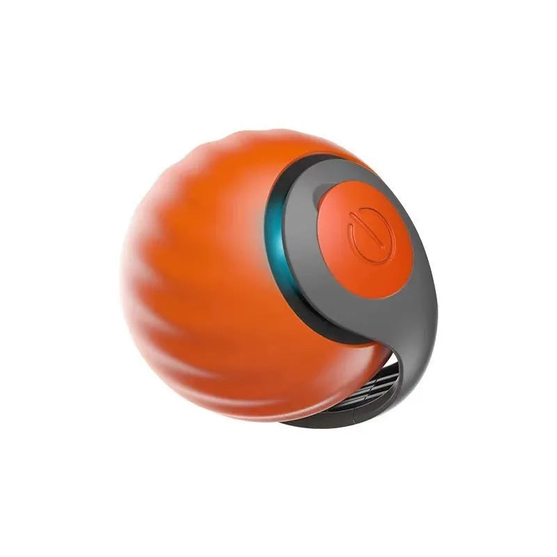 Blue and red rechargeable self-moving interactive ball toy for indoor cats and dogs on a plain background.
