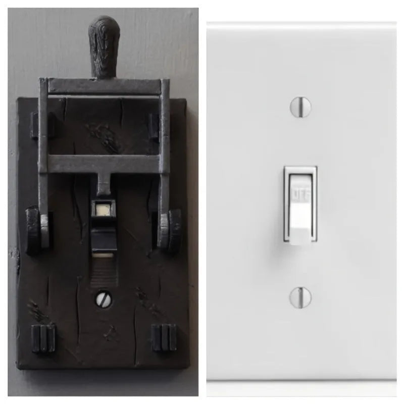 A retro-styled single-gang mechanical light switch plate for American standard exposed installation.