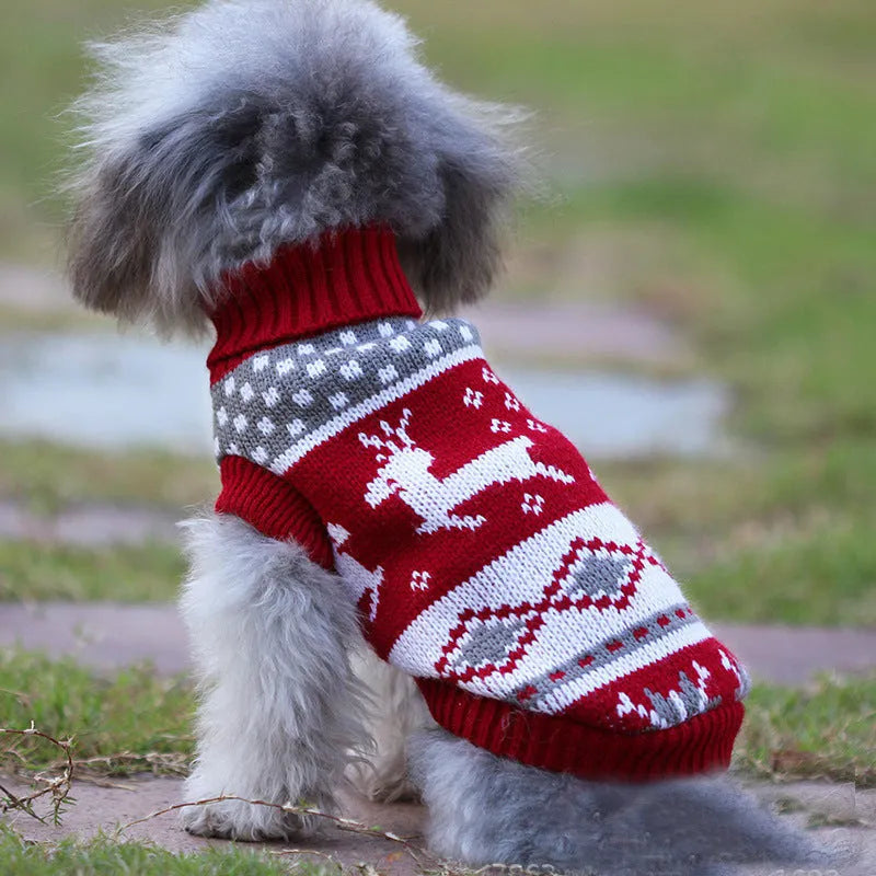 Red reindeer Christmas print dog turtleneck knitted acrylic sweater in sizes XS to XXL
