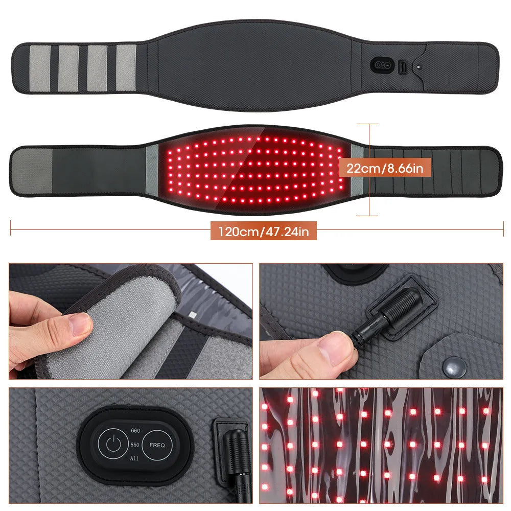 Grey neoprene electric waist therapy belt with red light beads and multiple plug types