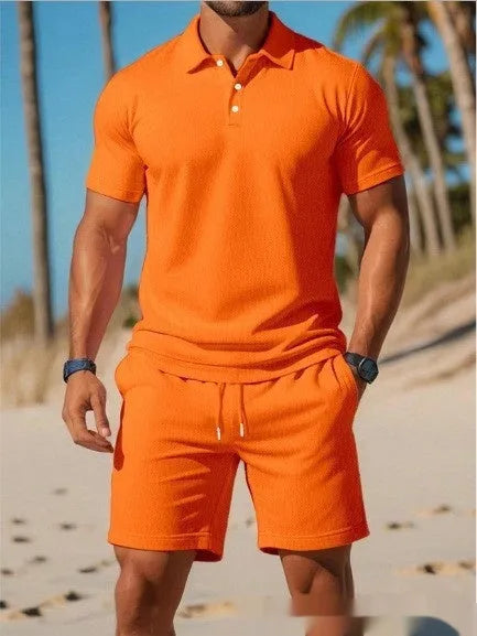 Men's casual beach mesh lapel set with short-sleeved shirt and shorts in polyester fibre, available in multiple colours.