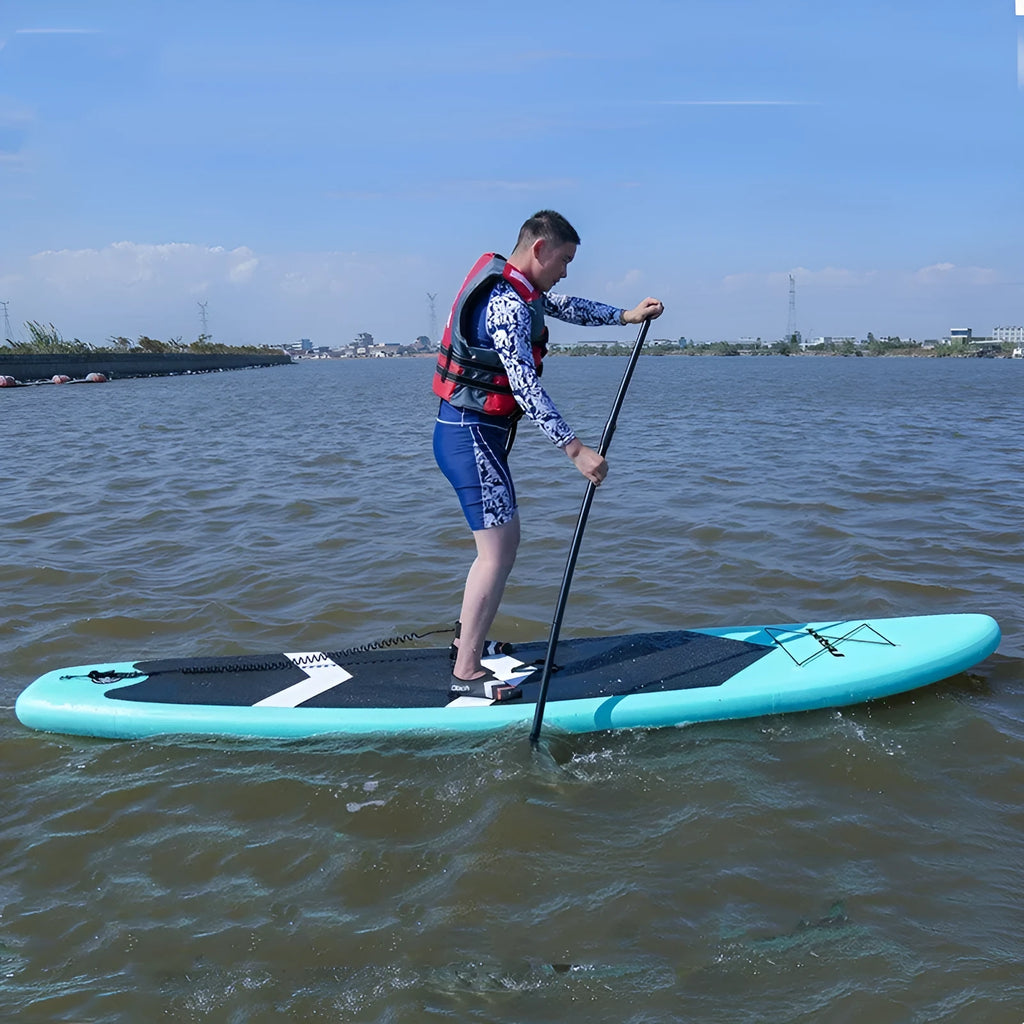 Inflatable stand up paddleboard 320x76cm green PVC with fin and foot rope on water