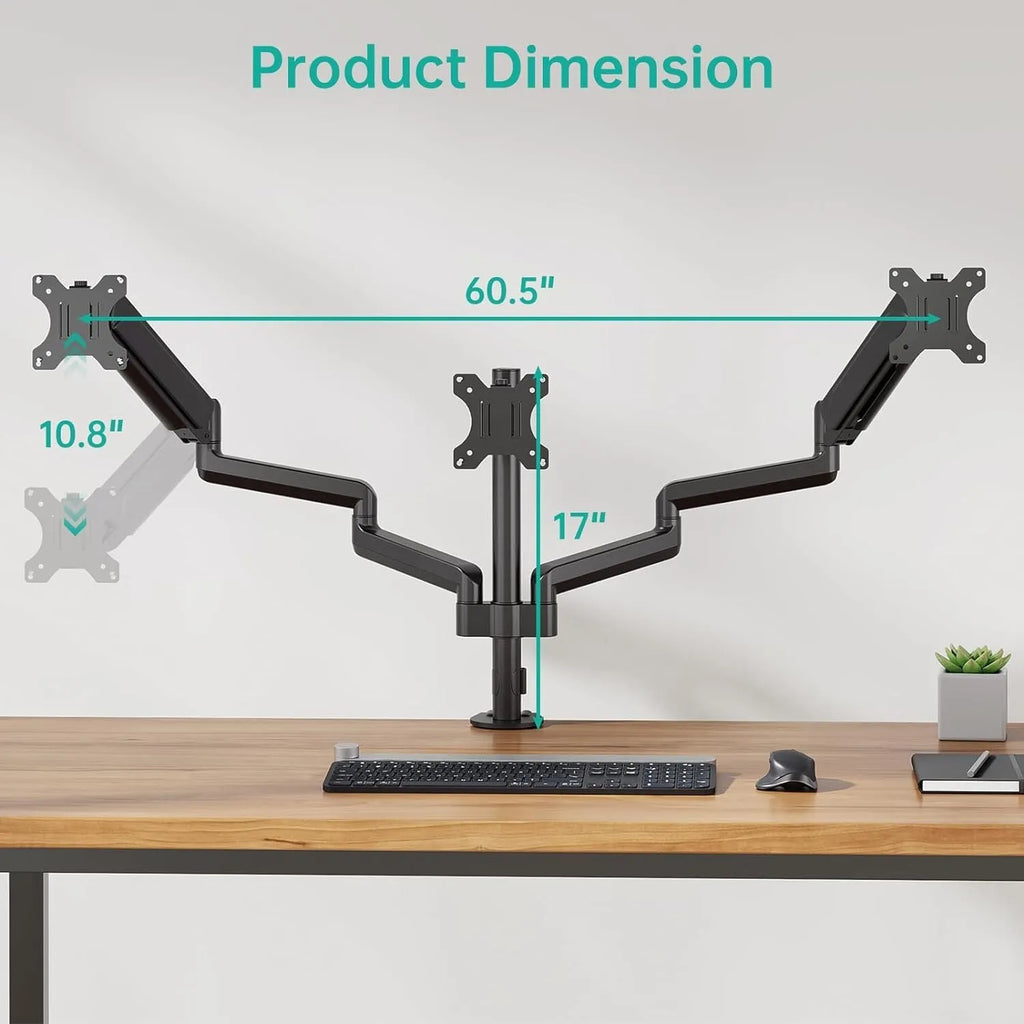 Black three-arm gas spring monitor holder for 13-27 inch computer screens