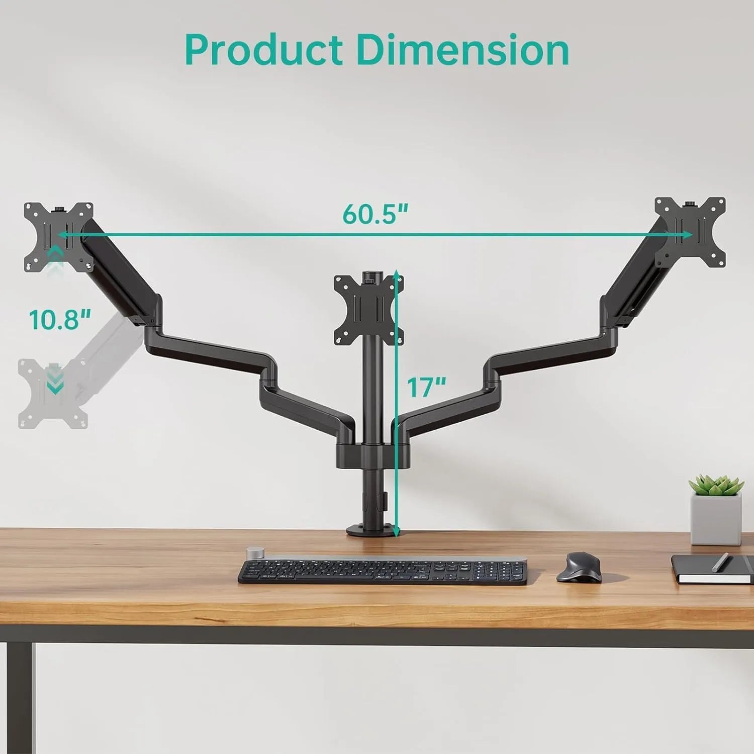 Black three-arm gas spring monitor holder for 13-27 inch computer screens