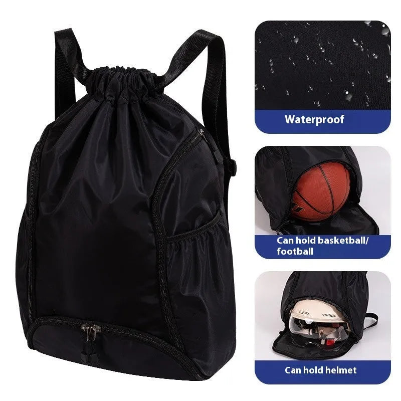 Large black cube-shaped sports backpack with drawstring closure for travel and fitness use