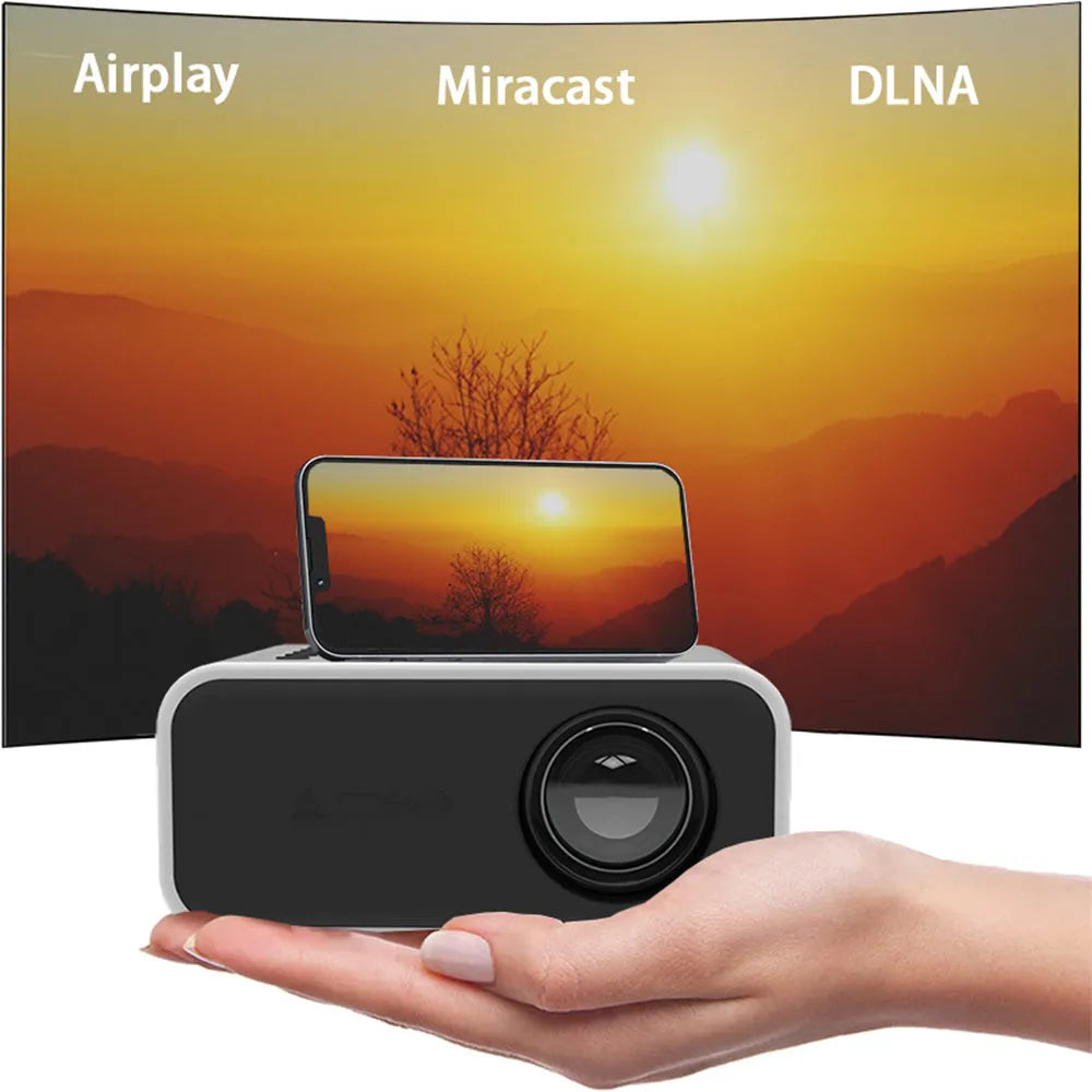 YT300 black or white portable mini projector showing 1080P movie projection on a wall in a dim room.