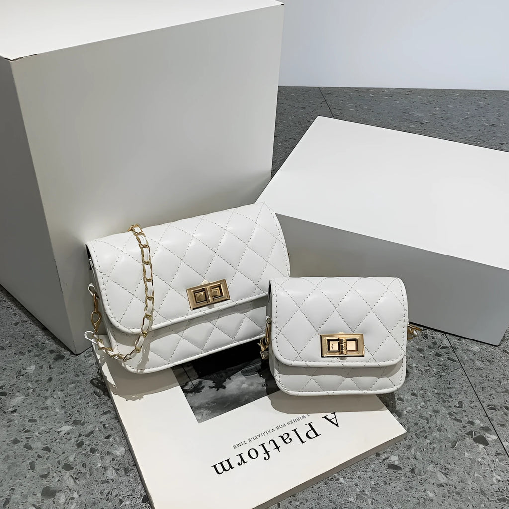 Women's PU leather diamond chain shoulder messenger bag in beige, horizontal square shape with sewing thread detailing