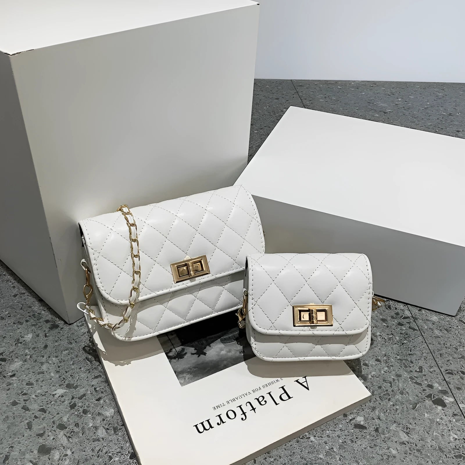 Women's PU leather diamond chain shoulder messenger bag in beige, horizontal square shape with sewing thread detailing