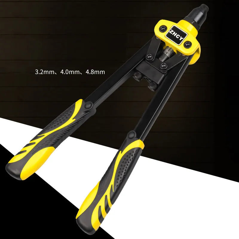 Yellow 13-inch manual rivet gun for household use with built-in tips.