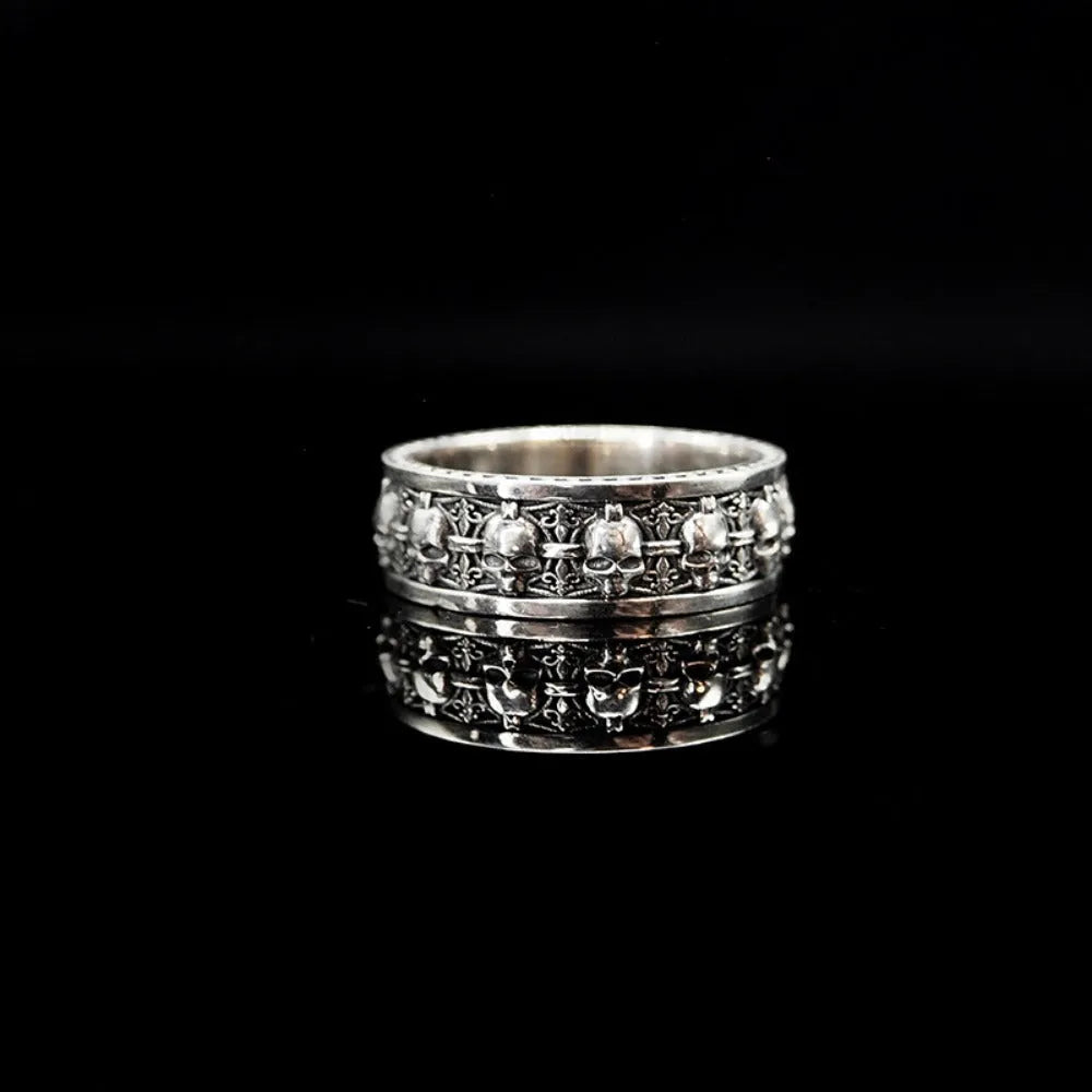 Unisex alloy skull ring with geometric ornament and retro gothic style, shown in one colour variant