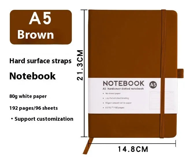 A5 soft touch PU leather strap diary open showing lined pages, closed with elastic band, in a choice of colours.