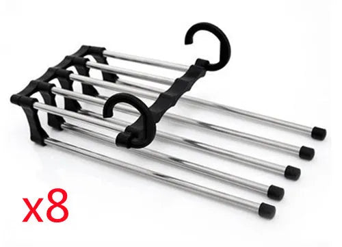 Black stainless steel magic wardrobe hanger with five booms for trousers.