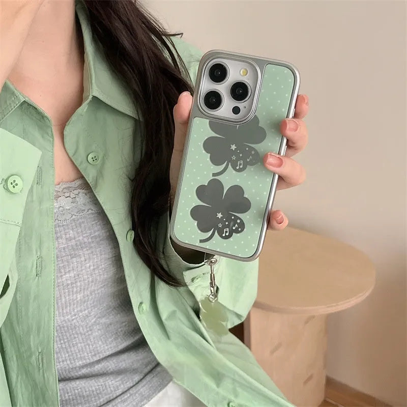 Acrylic mirror phone case with four-leaf clover pattern for iPhone 16 Pro Max