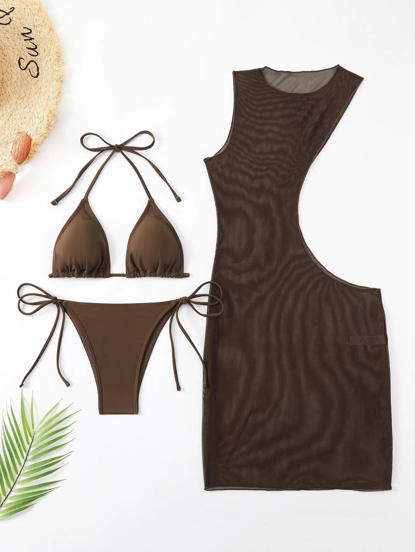 Brown women's three-piece bikini set showing bra, shorts, and blouse laid flat.