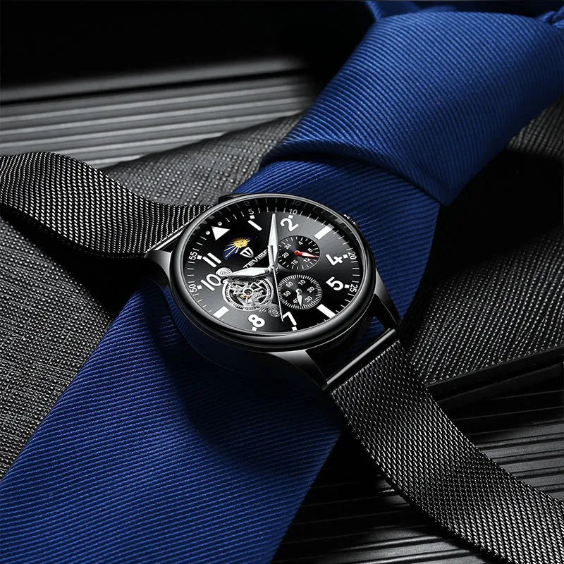 Men's black mechanical watch with skeleton caseback showing movement through transparent back