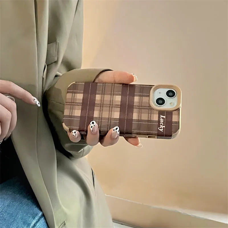 Silicone anti-fall phone case with embossed light coffee plaid lucky letter design for iPhone 13 Pro