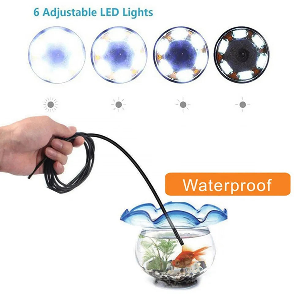 USB-C endoscope for Android phones with flexible cable, waterproof camera probe, hook, and magnet attachments on a table.