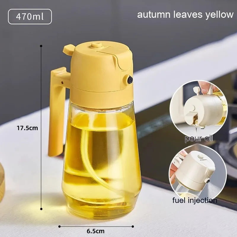 Glass oil sprayer and pour dispenser bottle in beige, yellow, green, or black with ergonomic handle.