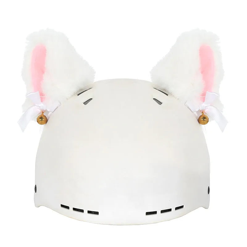Soft plush cartoon character cover on a motorcycle helmet, showing size M and decorative ear sections.