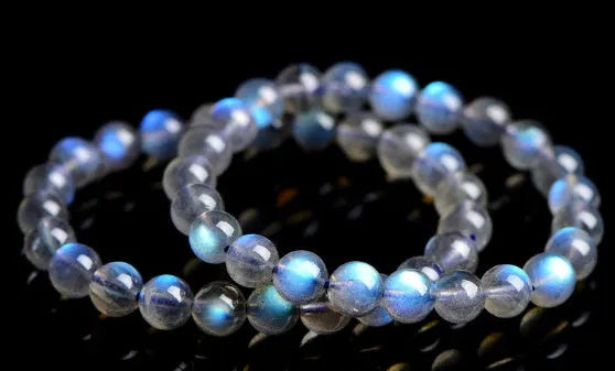 Natural cream crystal Blue Moonlight bracelet with various bead size options on a wrist.
