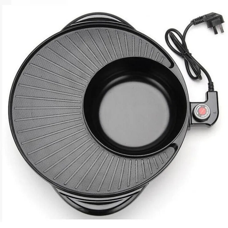 Black electric hot pot grill with teppanyaki plate and control panel, 5-6 litre capacity