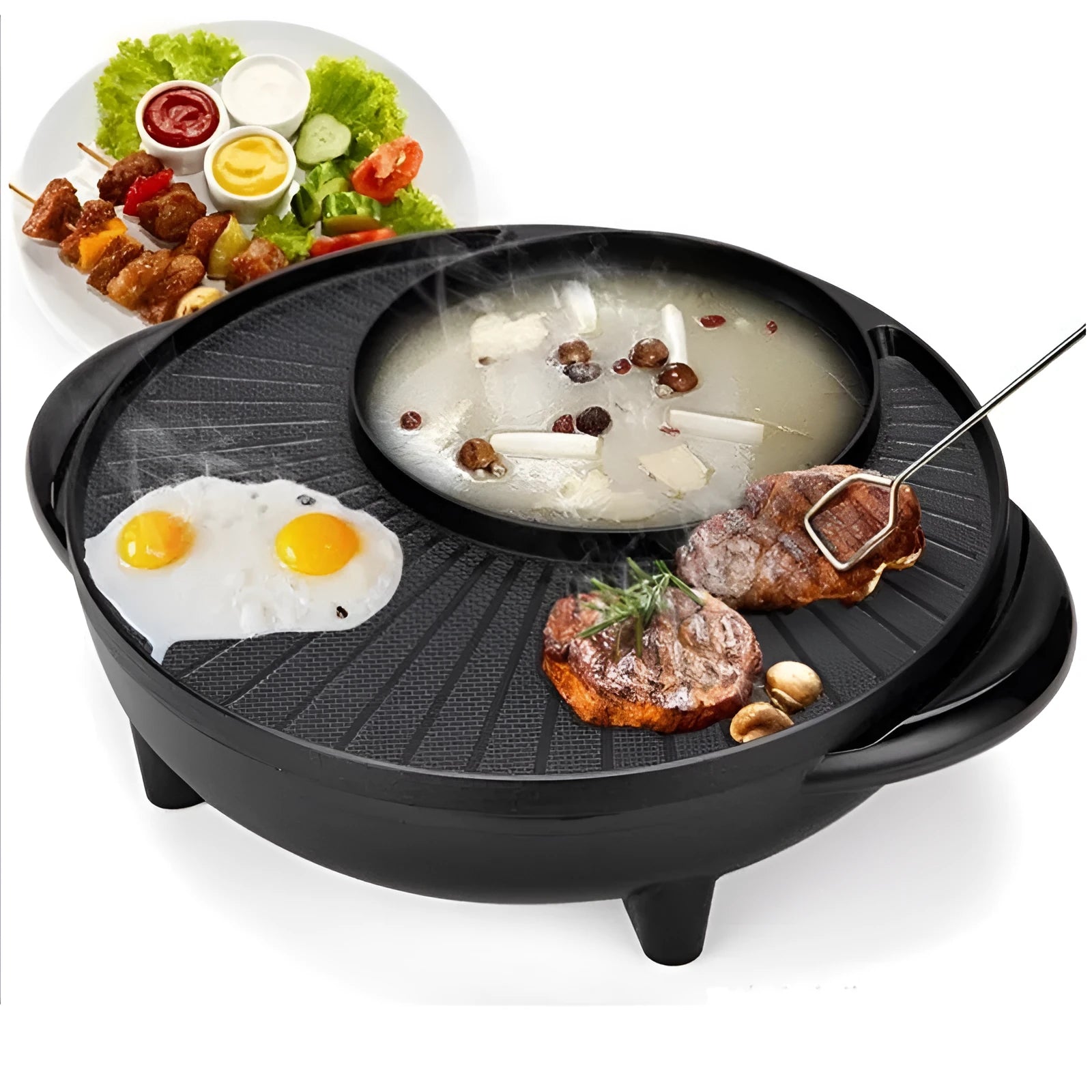 Black electric hot pot grill with teppanyaki plate and control panel, 5-6 litre capacity