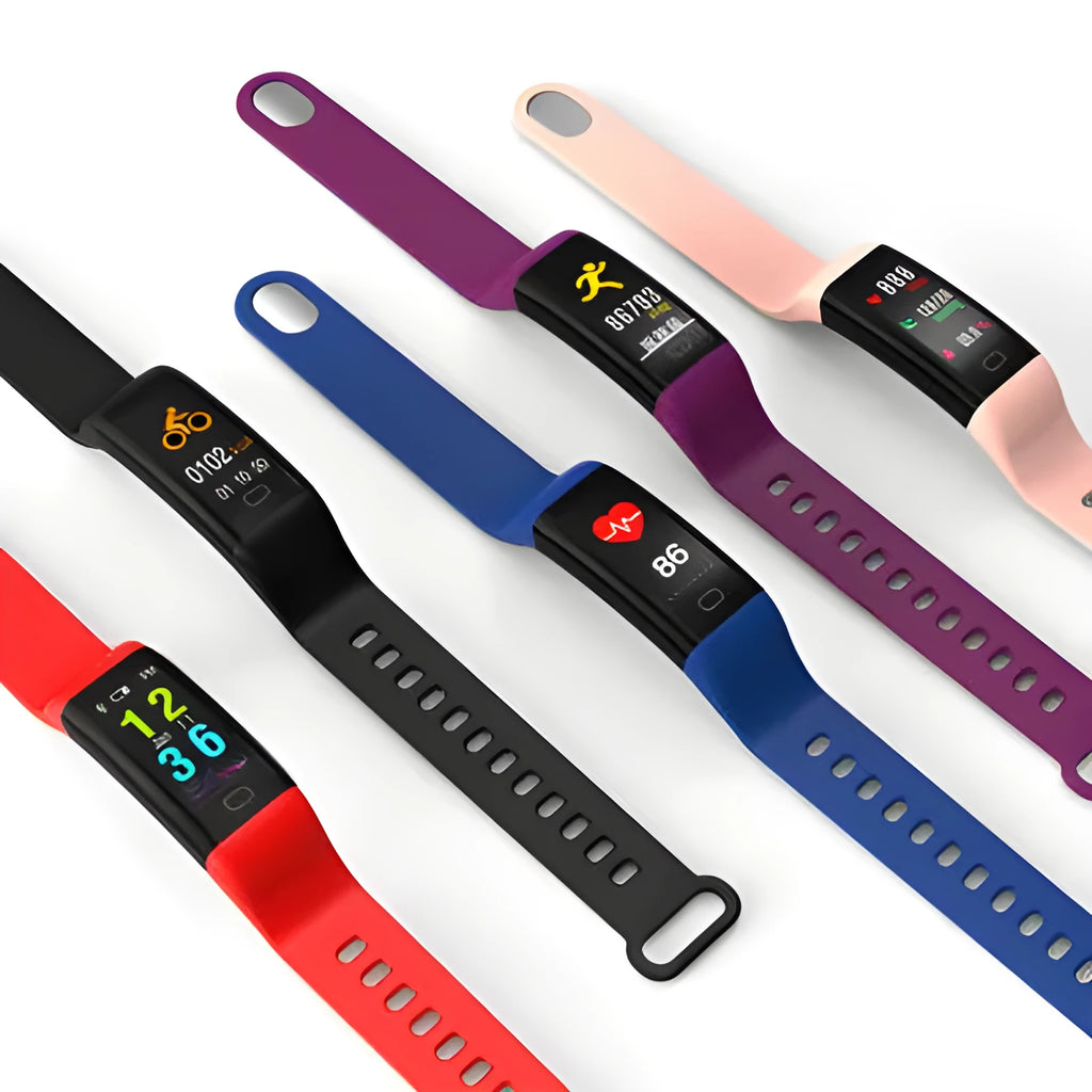 Smart fitness band with large OLED screen showing exercise data on wrist