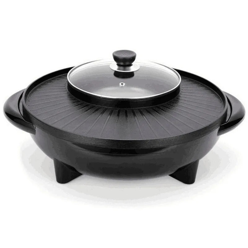 Black electric hot pot grill with teppanyaki plate and control panel, 5-6 litre capacity