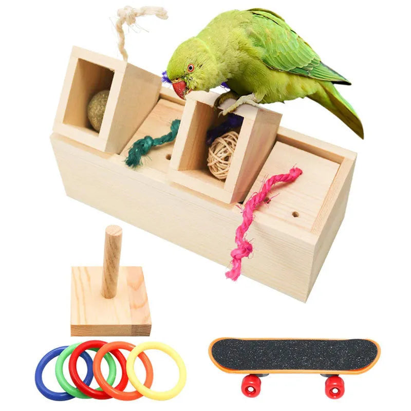 Wooden parrot puzzle toy set with multiple pieces for bird foraging enrichment