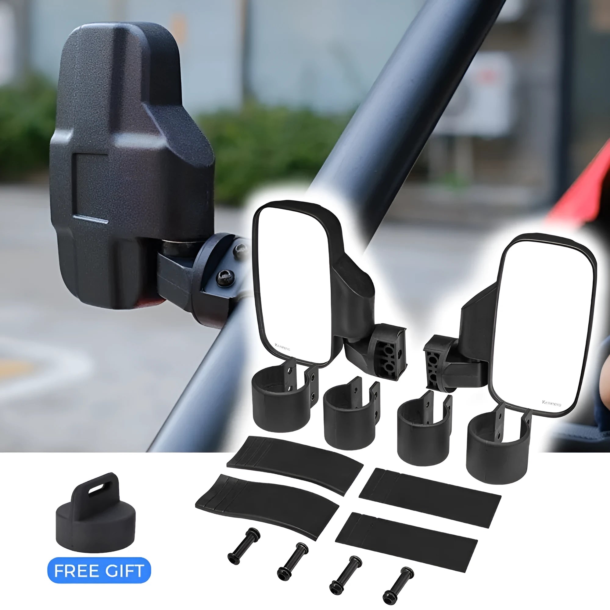 Black universal motorcycle off-road rearview mirror pair for UTV with plastic housing and glass mirror