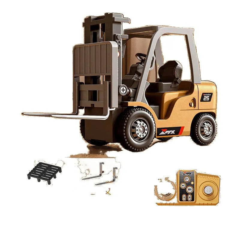 1:64 scale grey alloy remote control forklift toy with mini controller and cargo accessories on a pallet.