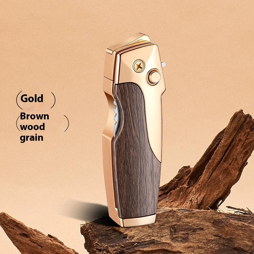 Zinc alloy metal folding knife lighter in a selection of black, gold, and silver finishes with wood, carbon fibre, and camouflage textures.