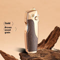 Zinc alloy metal folding knife lighter in a selection of black, gold, and silver finishes with wood, carbon fibre, and camouflage textures.