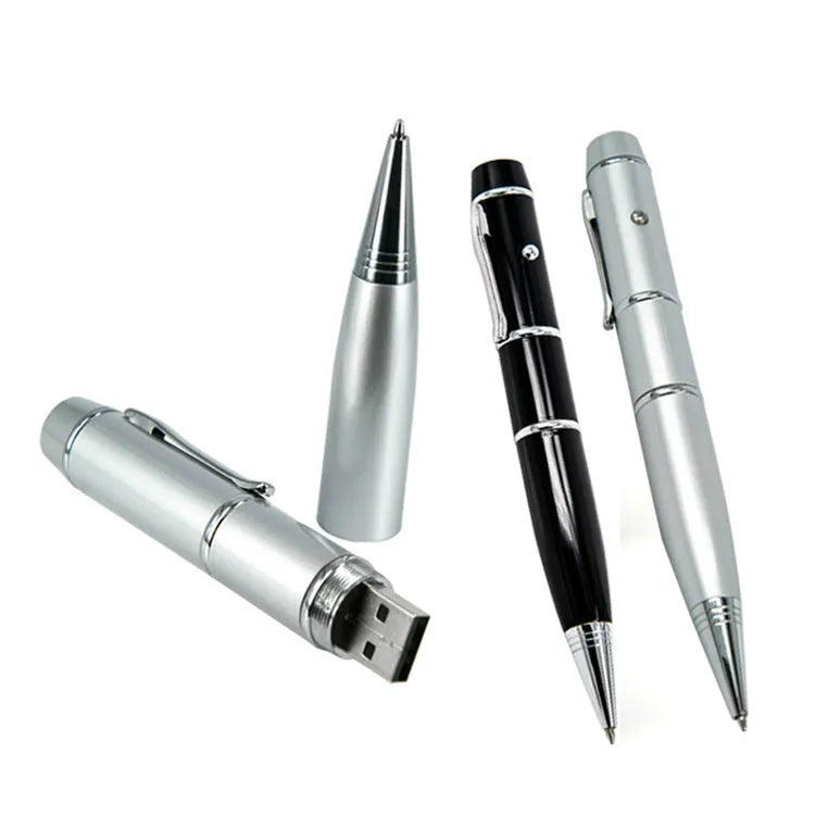Multi-function metal USB flash drive pen with laser pointer, 16GB capacity, black, on white background