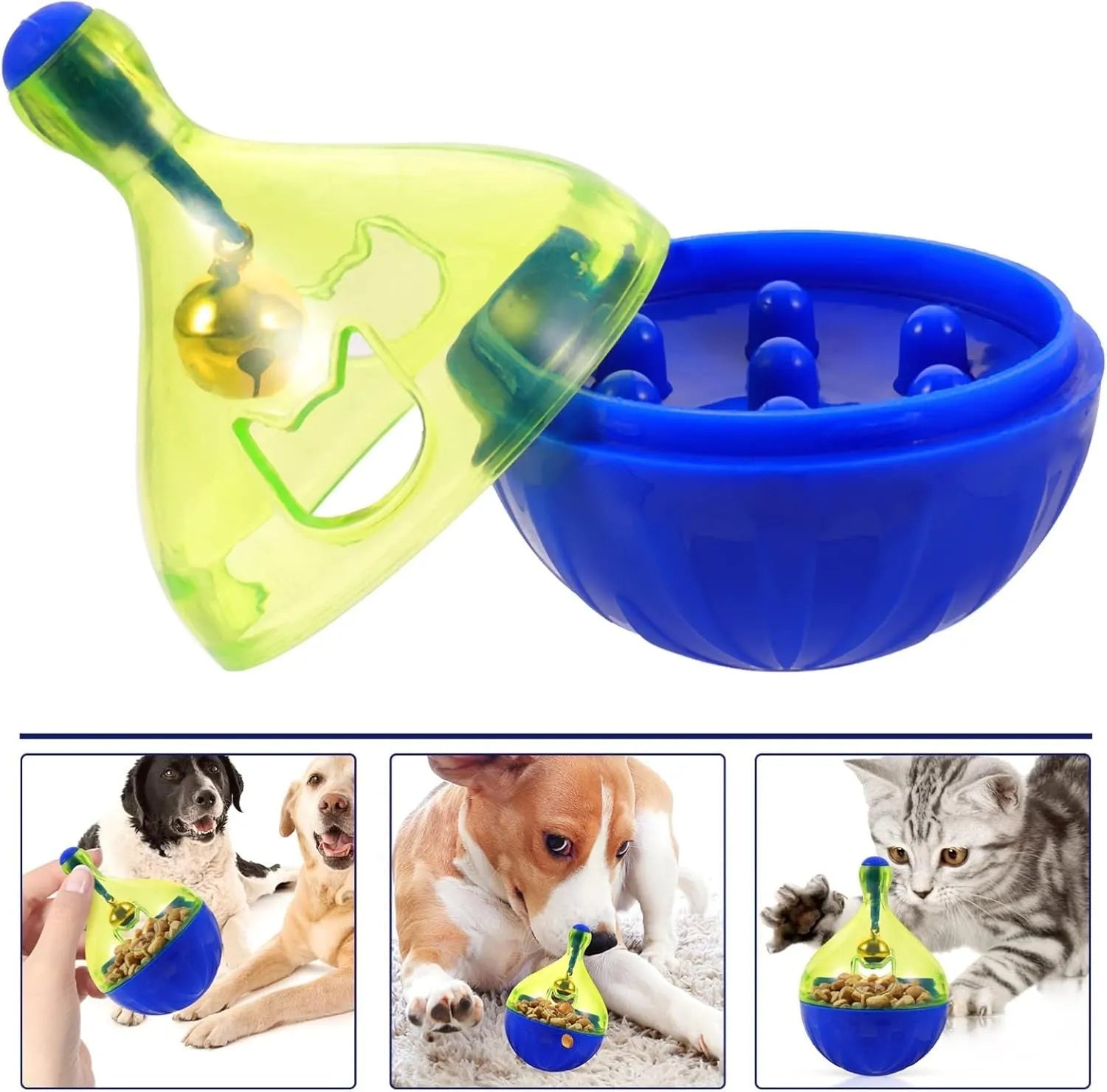 Small pet treat tumbler dispenser toy for dogs and cats with interactive food puzzle design