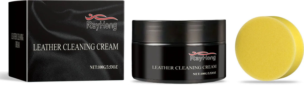 Leather cleaning cream 100g bottle with beeswax and lanolin, shown with application sponge, 7.1cm x 4.4cm bottle