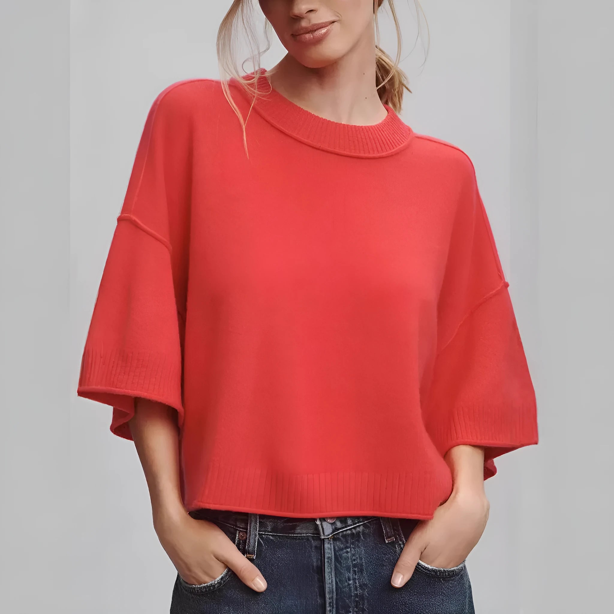 Red short viscose T-shirt with regular sleeves and an exposed navel design on a mannequin.
