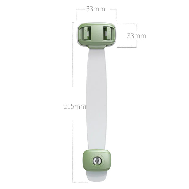 Adjustable child safety cabinet lock with strap showing grey and green colour options