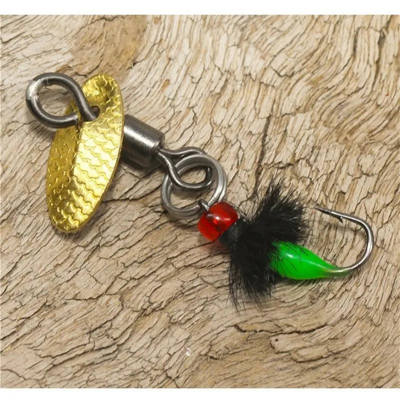 Five bionic mosquito hook fishing lures with spinning sequins for trout and perch fishing