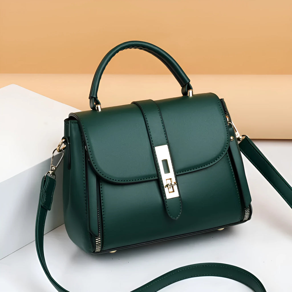 Soft PU leather women's messenger bag in square vertical design with adjustable shoulder strap.