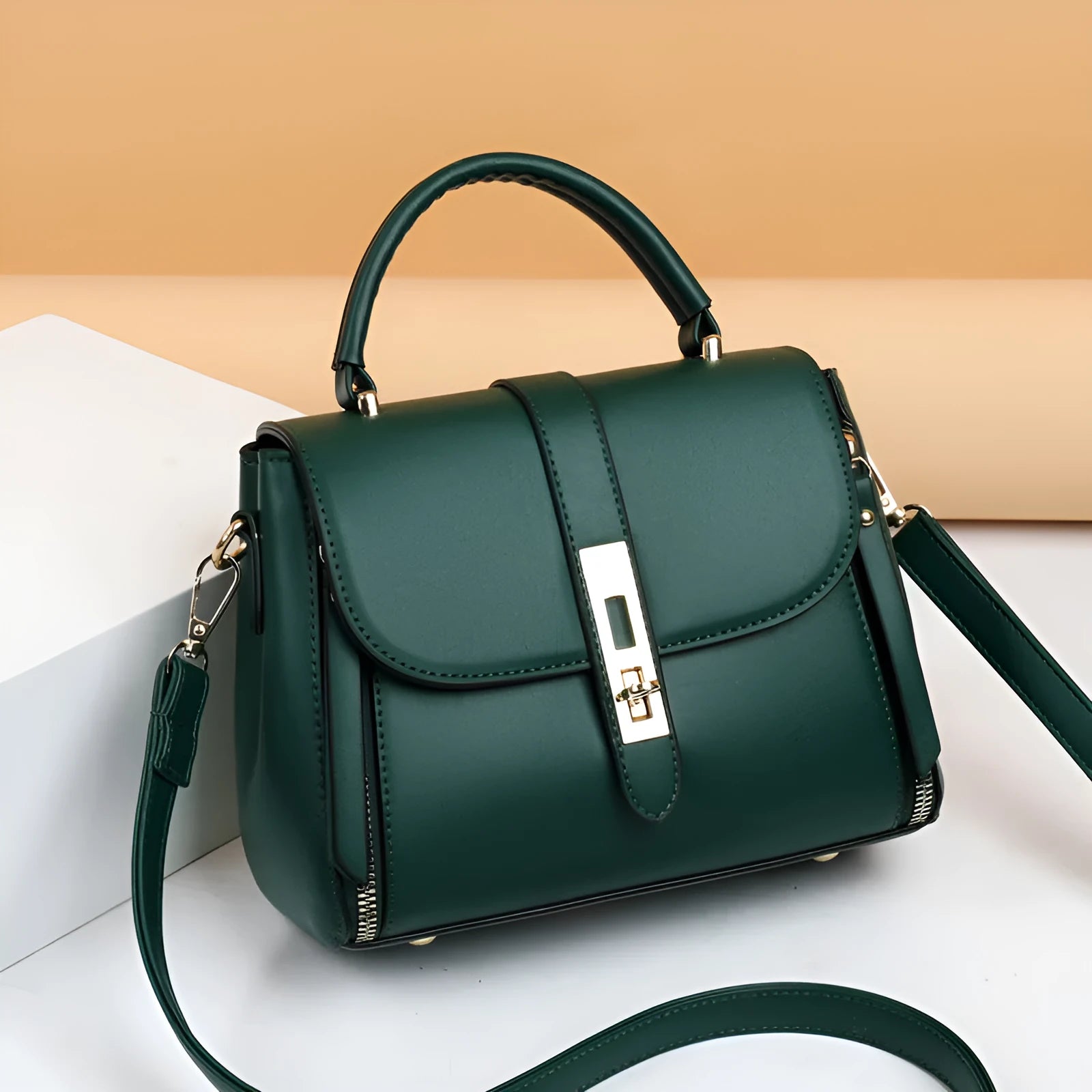 Soft PU leather women's messenger bag in square vertical design with adjustable shoulder strap.