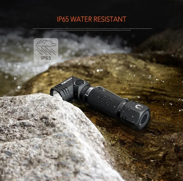 Hands-free LED flashlight in grey black with 1200 lumens, aircraft grade aluminium body, 360° rotary clip, and high-strength magnet