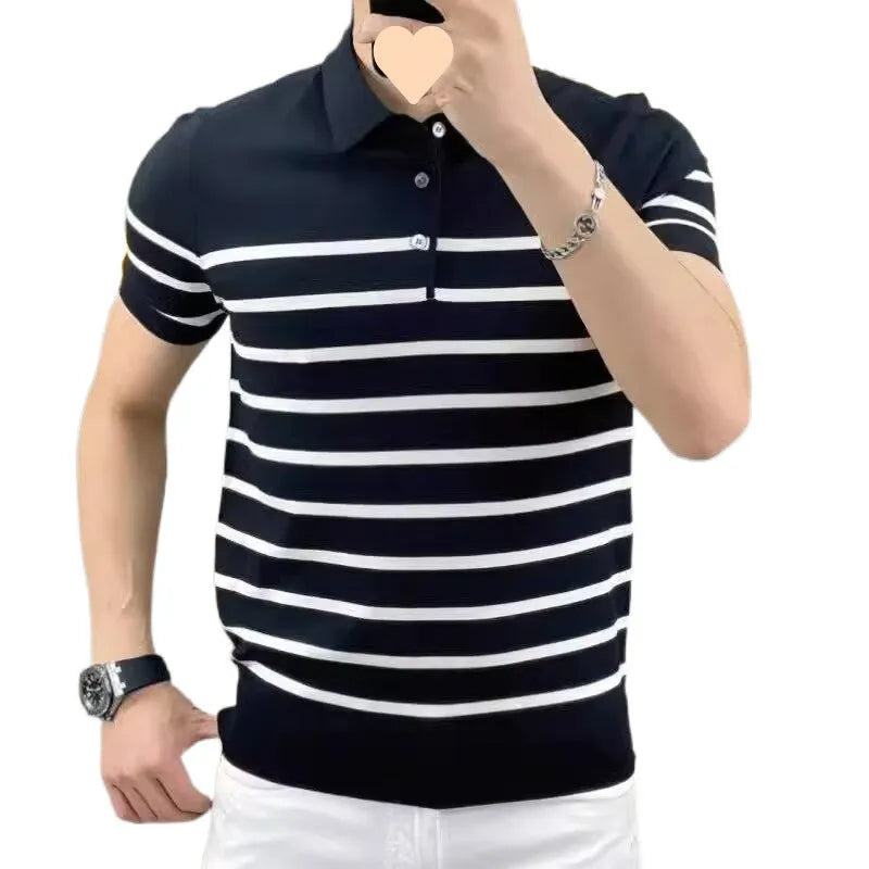 Black and white striped lapel knitted T-shirt pullover in chemical fibre blend fabric