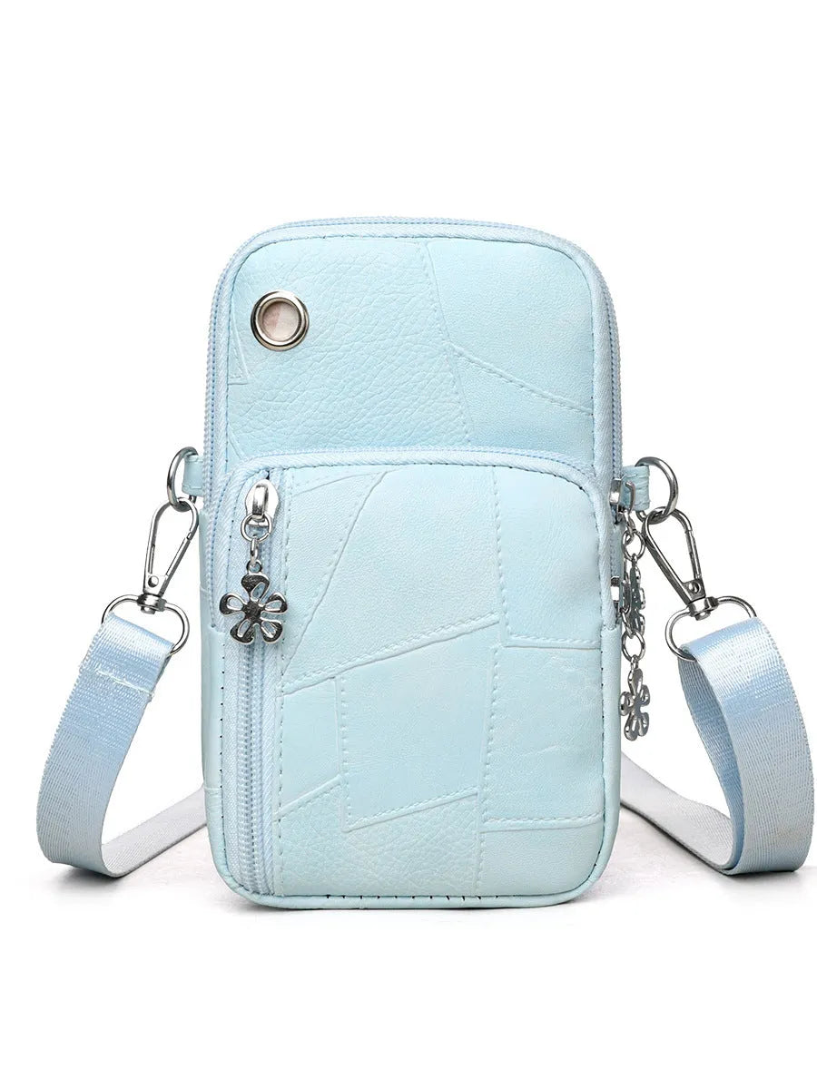 Vertical square mini phone bag in PU material with sandwich pocket, shown in available colours