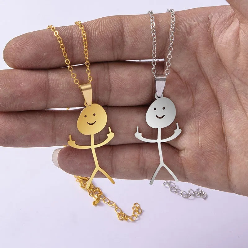 Silver stainless steel stick figure pendant necklace middle finger gesture smiley face on link chain